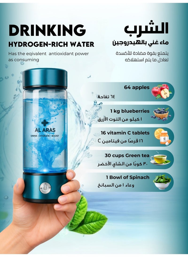 Al Aras Hydrogen Water Bottle Generator – 2200PPB | Portable Rechargeable SPE/PEM Hydrogen Water Maker, 420ml, Type-C, For Home Office Travel & Fitness - Image 2